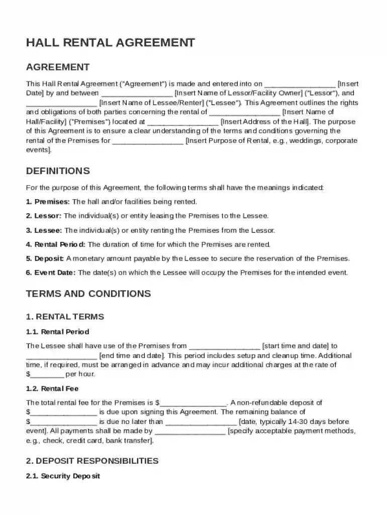 Hall Rental Agreement Template Preview on Page 1