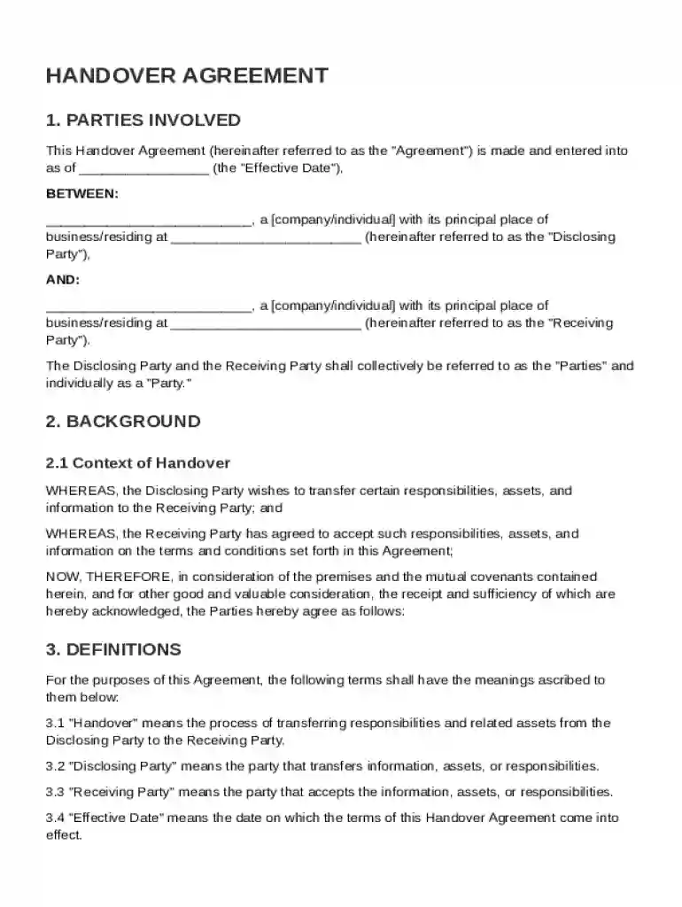 Handover Agreement Template Preview on Page 1