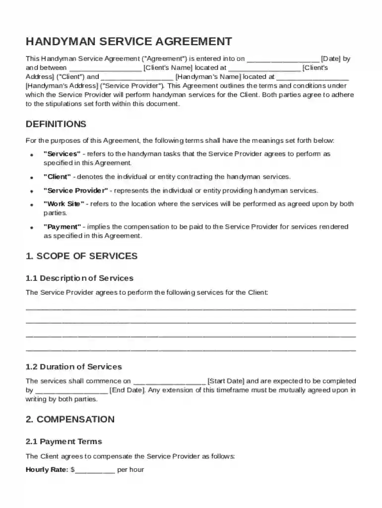 Handyman Service Agreement Template Preview on Page 1