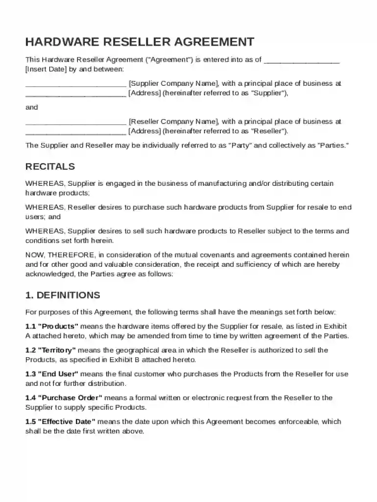 Hardware Reseller Agreement Template Preview on Page 1