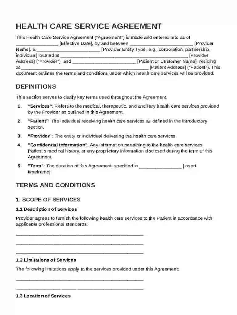 Health Care Service Agreement Template Preview on Page 1