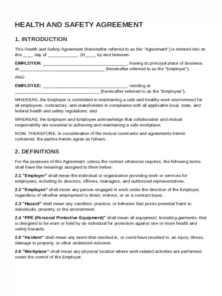 Health and Safety Agreement Template Preview on Page 1