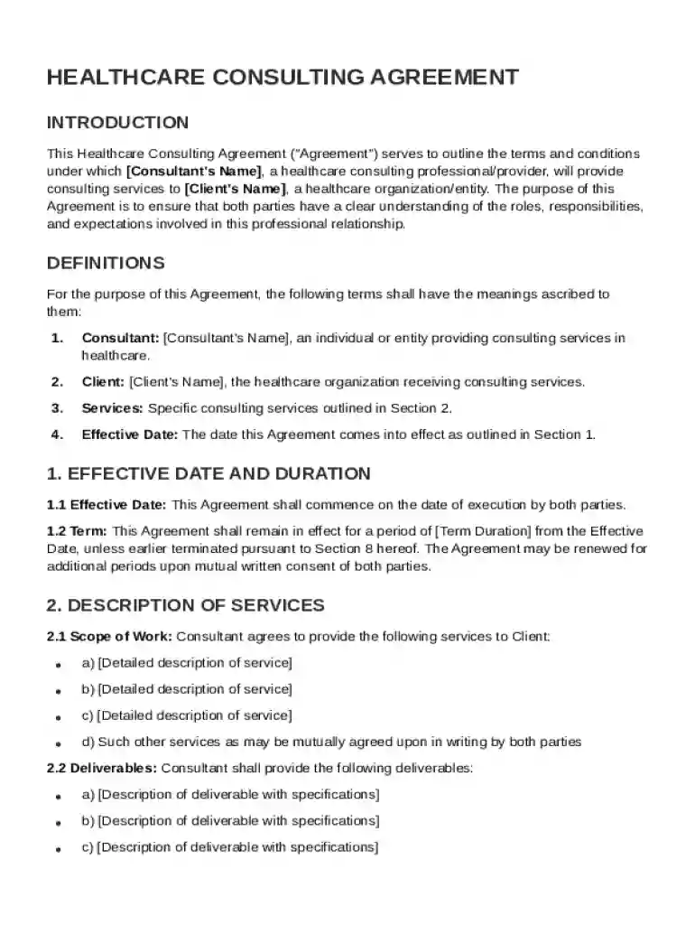 Healthcare Consulting Agreement Template Preview on Page 1