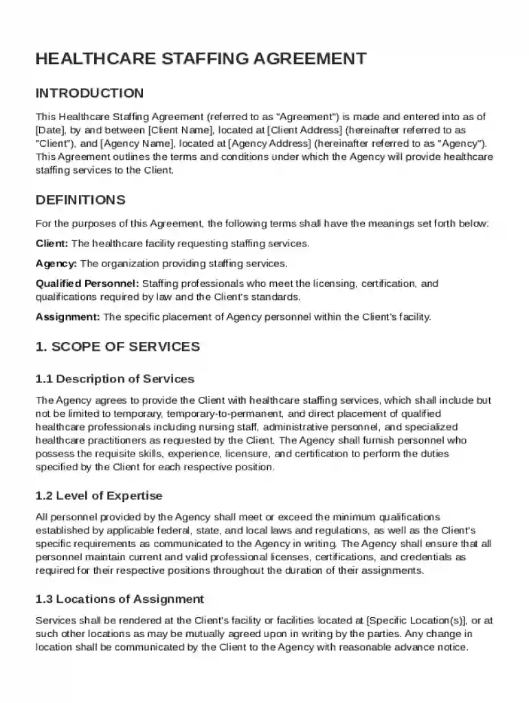 Healthcare Staffing Agreement Template Preview on Page 1