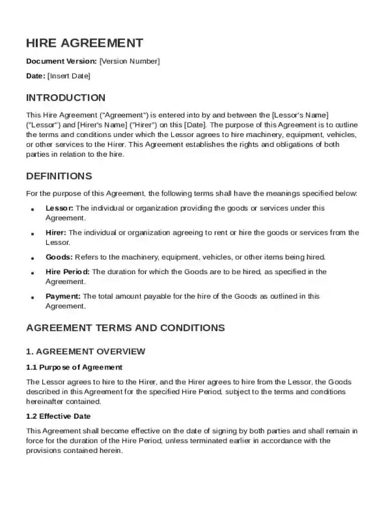 Hire Agreement Template Preview on Page 1