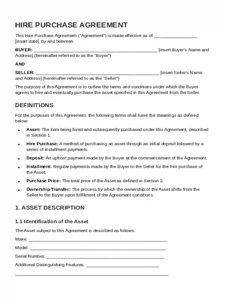 Hire Purchase Agreement Template Preview on Page 1