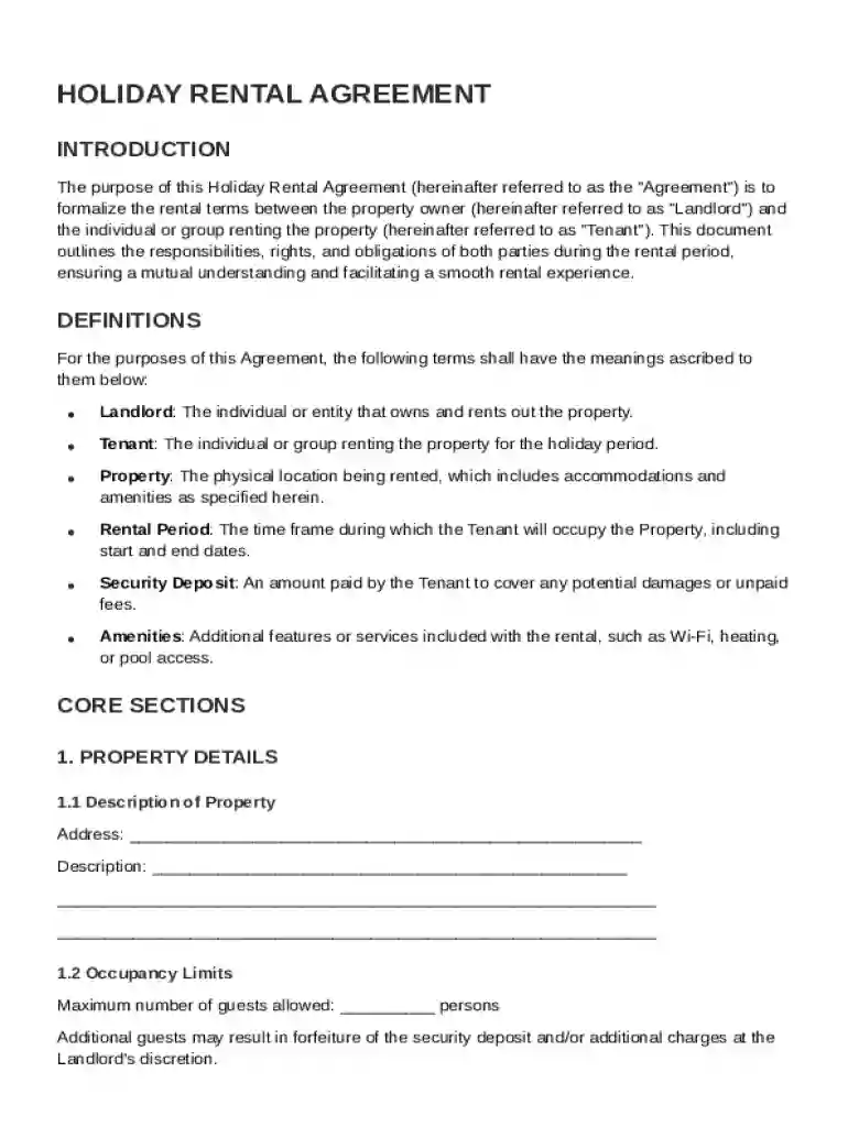 Holiday Rental Agreement Template Preview on Page 1