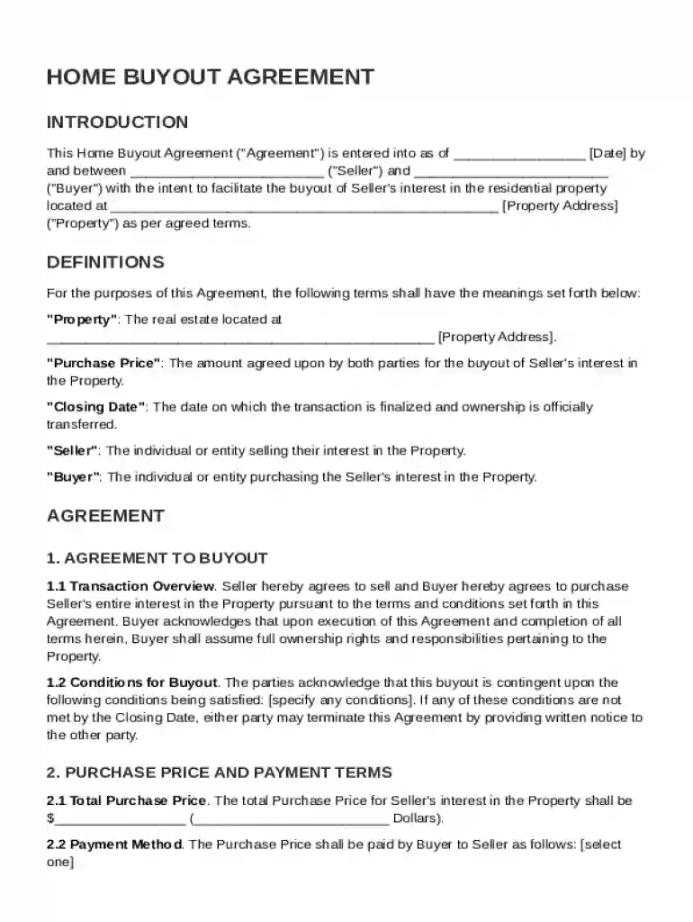 Home Buyout Agreement Template Preview on Page 1