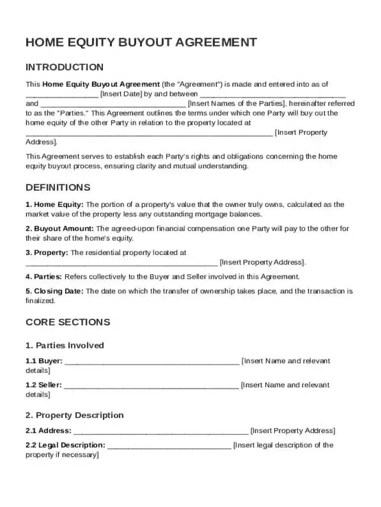 Home Equity Buyout Agreement Template Preview on Page 1
