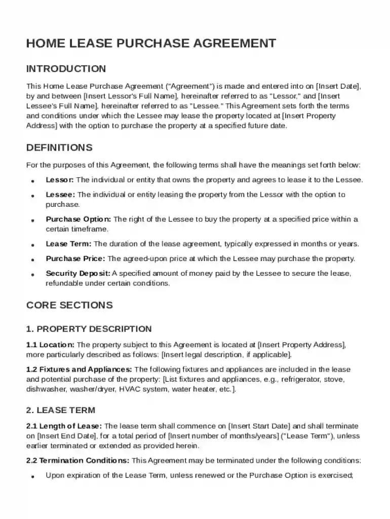 Home Lease Purchase Agreement Template Preview on Page 1