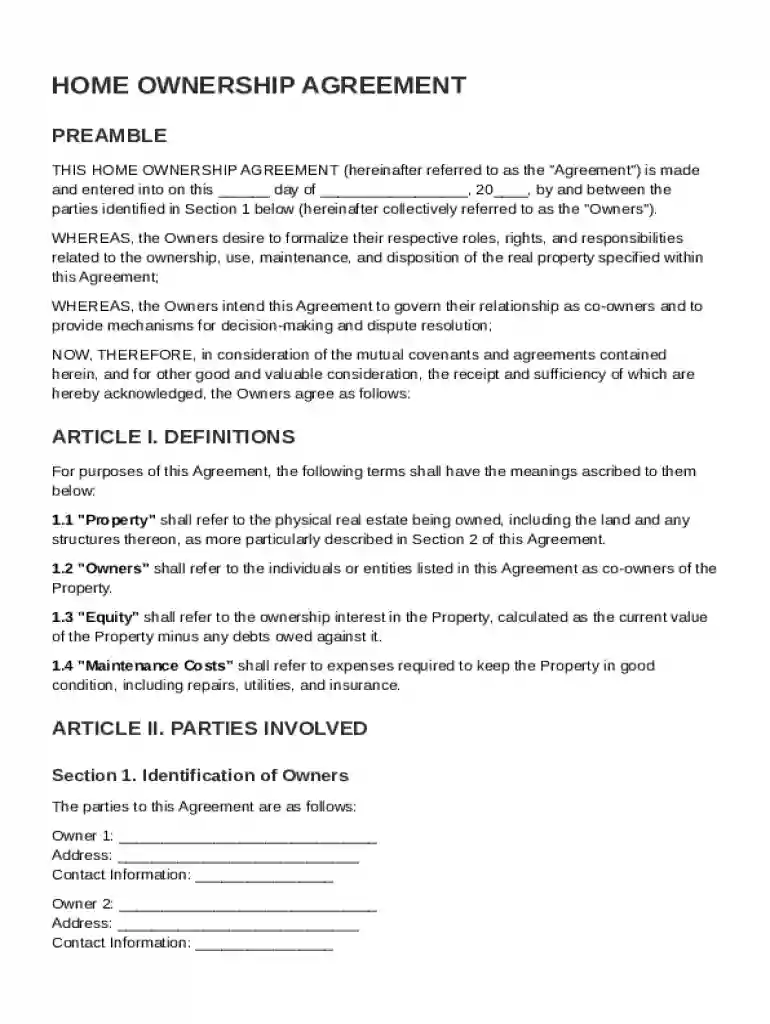 Home Ownership Agreement Template Preview on Page 1