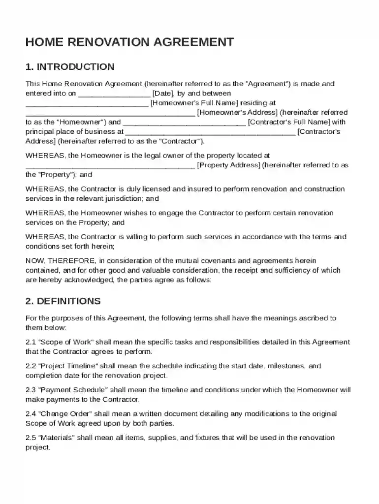 Home Renovation Agreement Template Preview on Page 1
