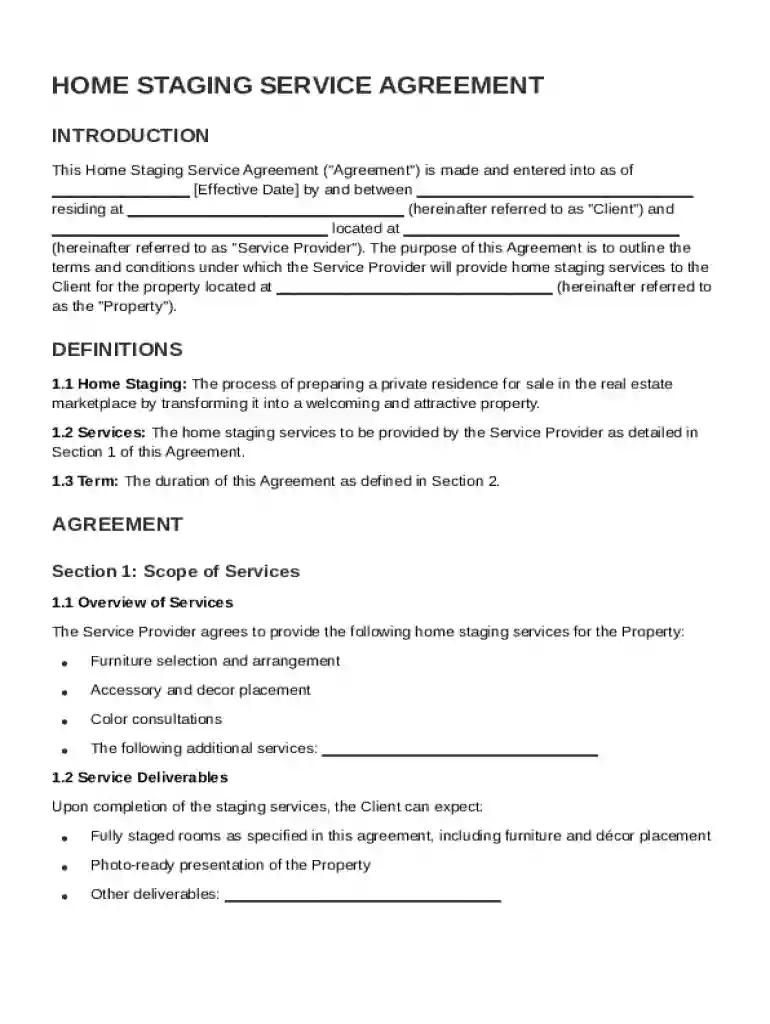 Home Staging Service Agreement Template Preview on Page 1