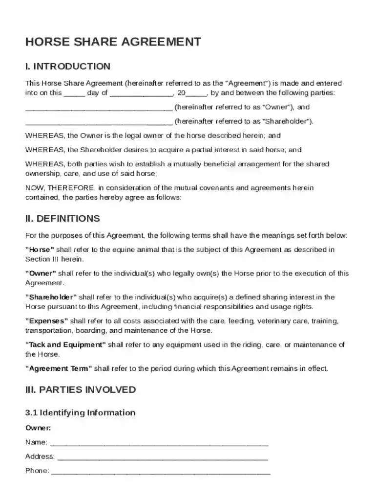Horse Share Agreement Template Preview on Page 1