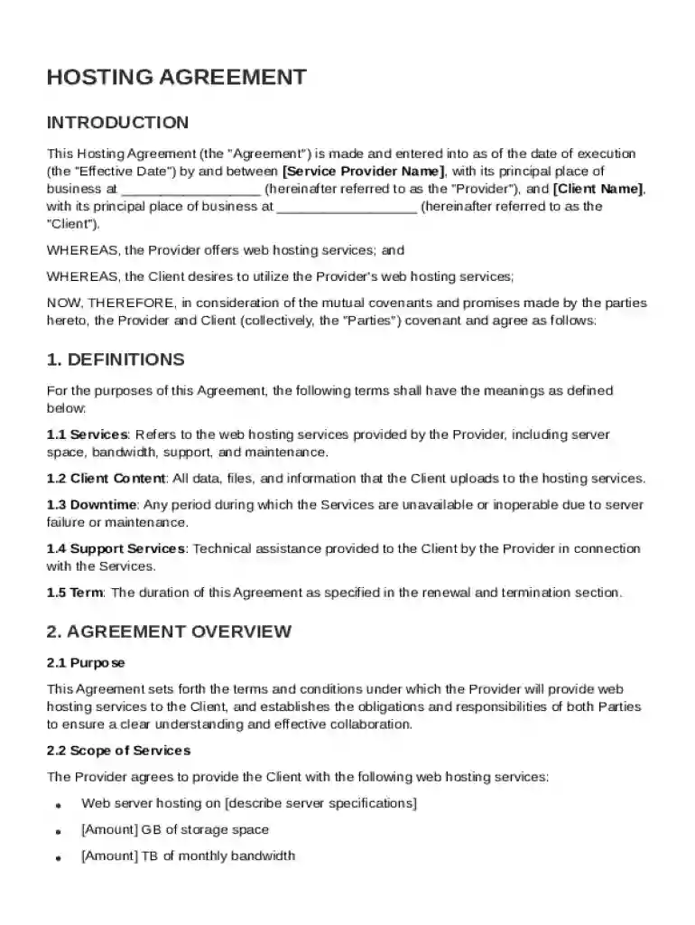 Hosting Agreement Template Preview on Page 1