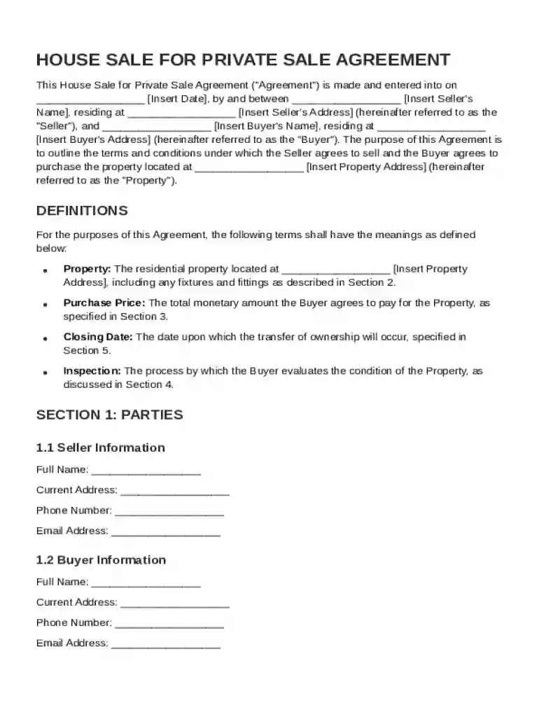 House Sale for Private Sale Agreement Template Preview on Page 1