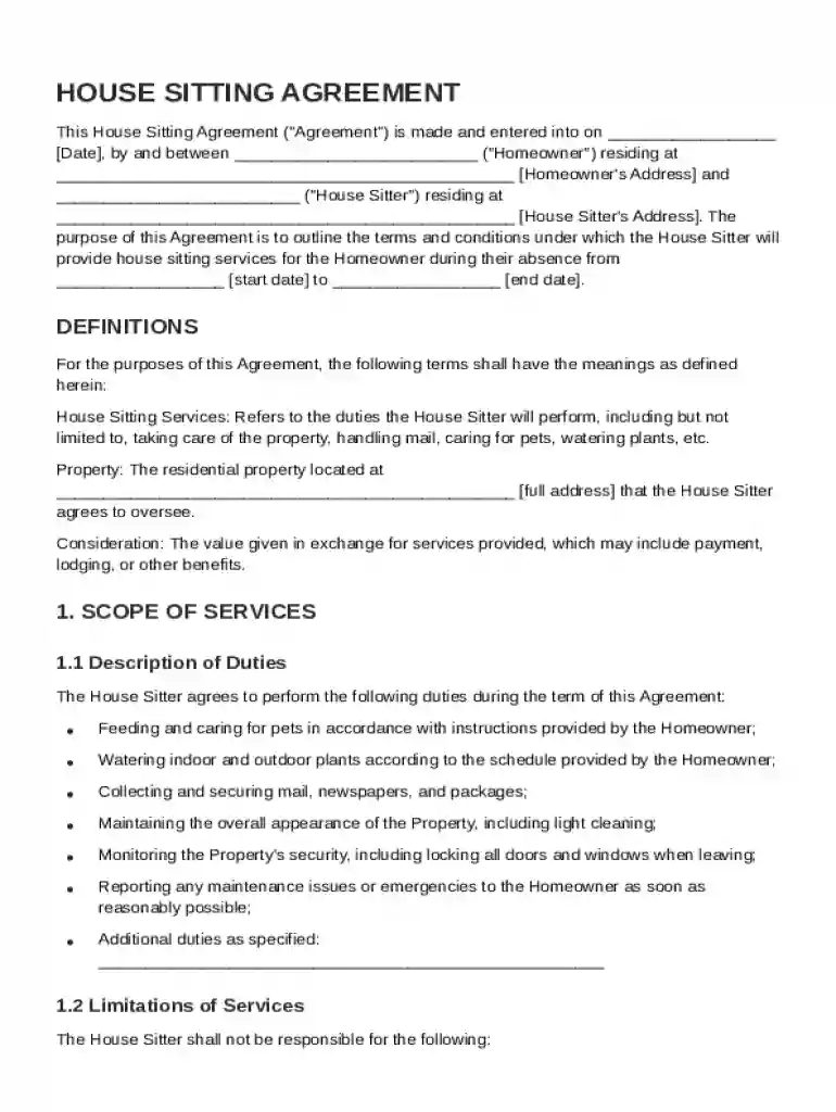 House Sitting Agreement Template Preview on Page 1