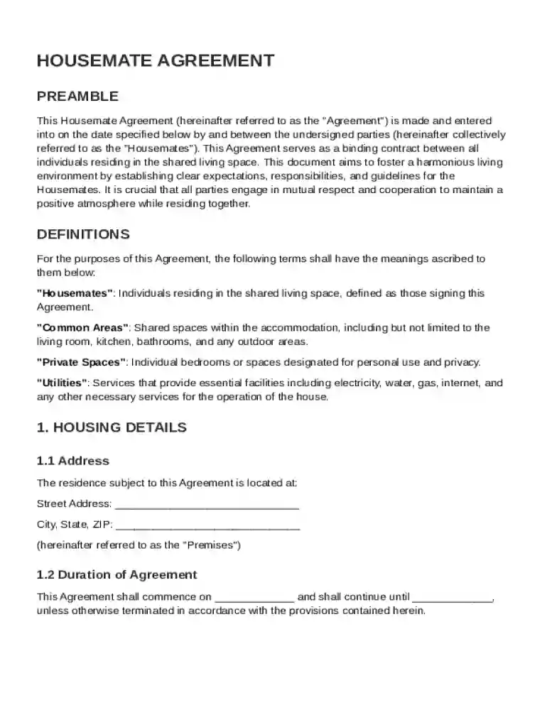 Housemate Agreement Template Preview on Page 1