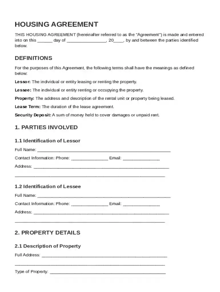 Housing Agreement Template Preview on Page 1
