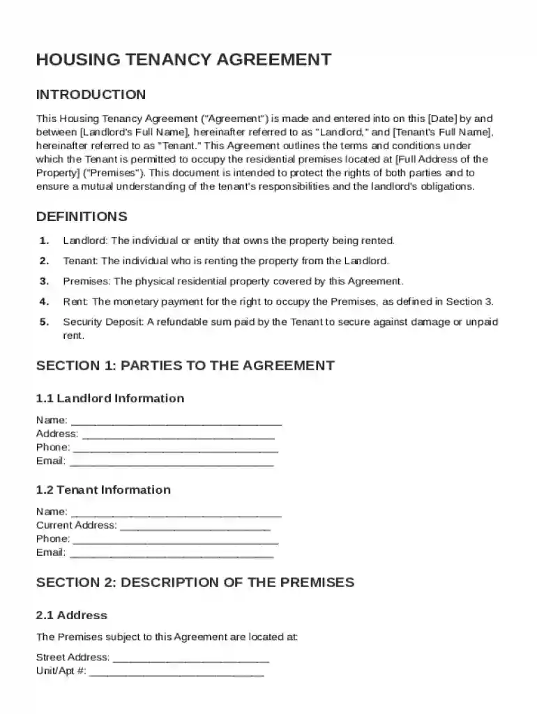 Housing Tenancy Agreement Template Preview on Page 1