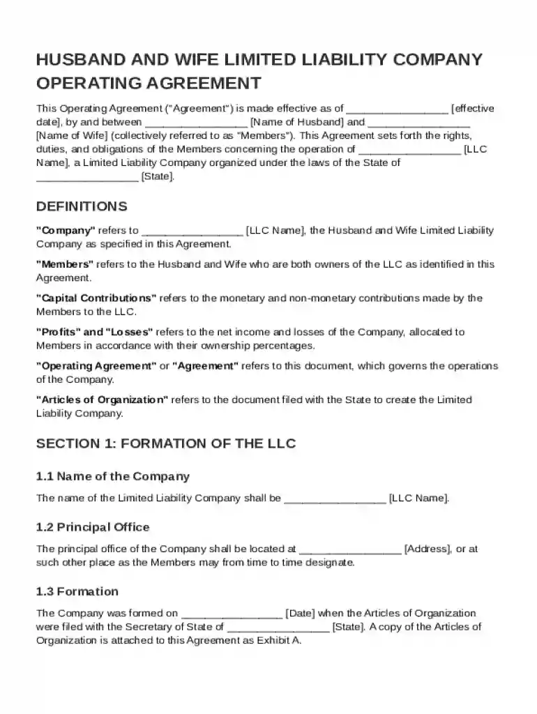 Husband and Wife LLC Operating Agreement Template Preview on Page 1