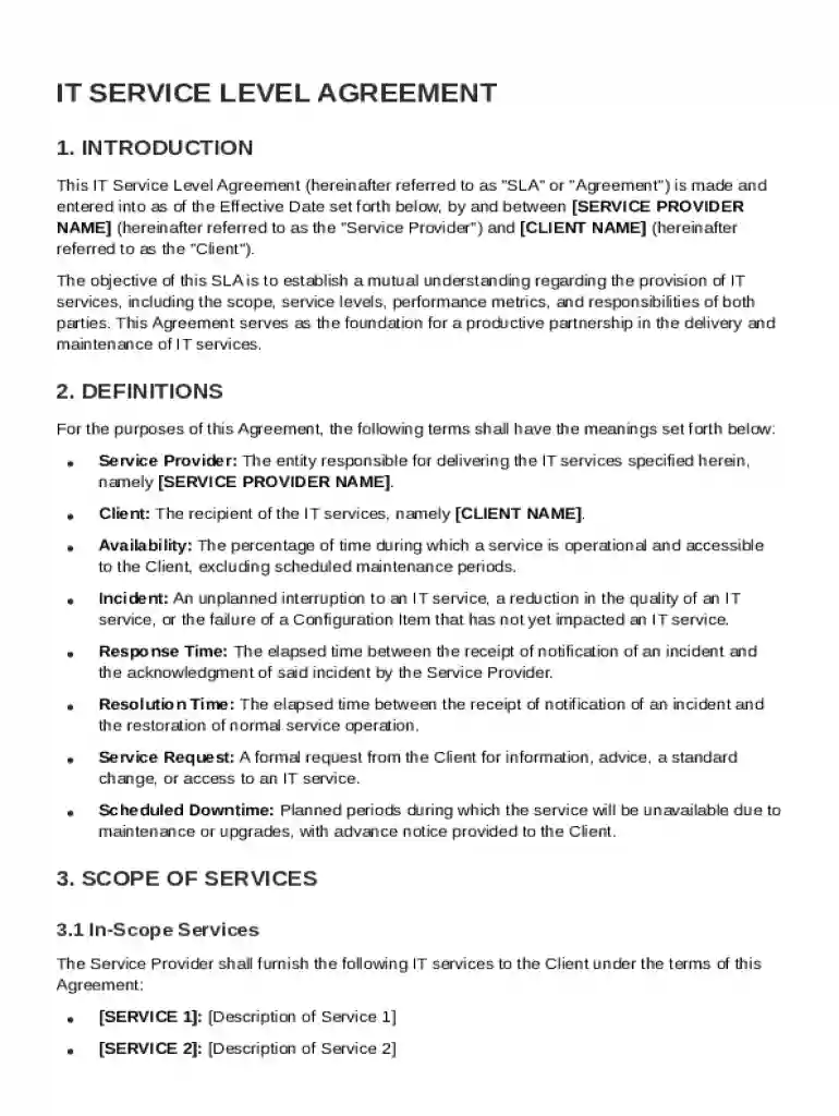 IT Service Level Agreement Template Preview on Page 1
