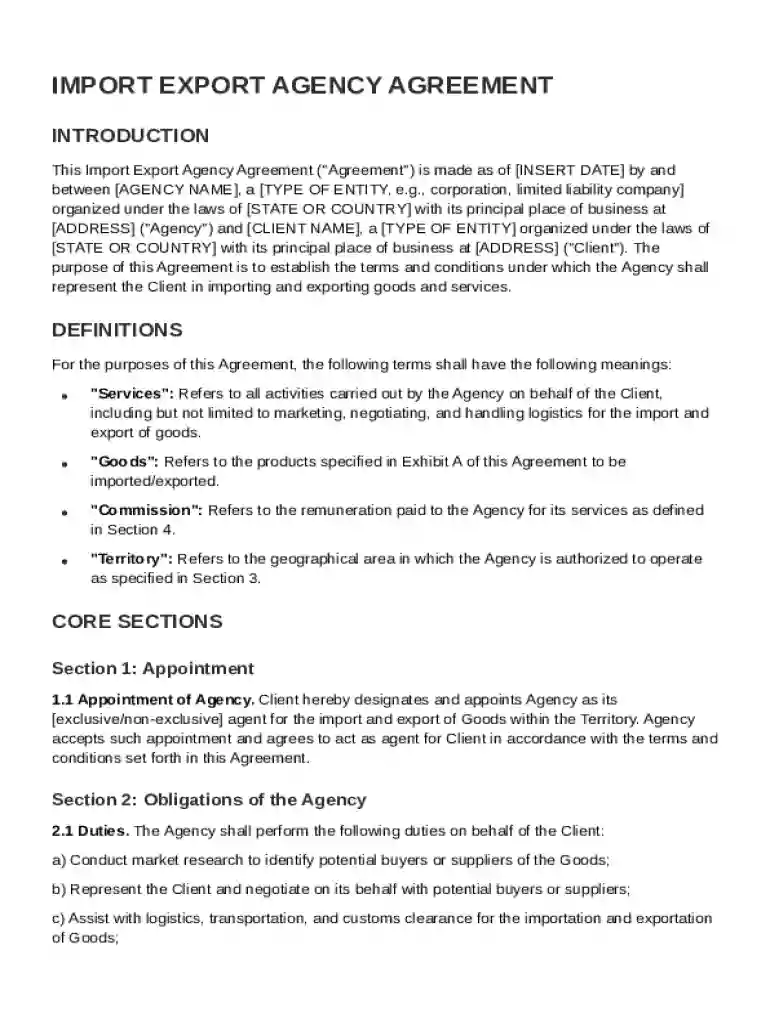 Import Export Agency Agreement Template Preview on Page 1