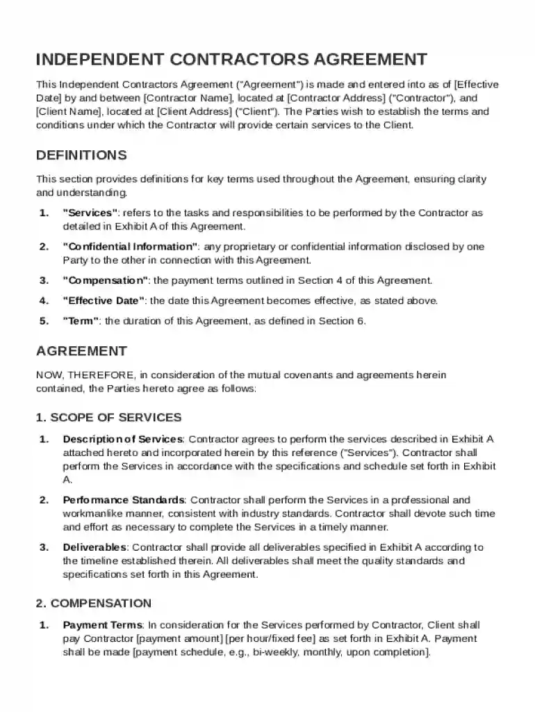 Independent Contractors Agreement Template Preview on Page 1
