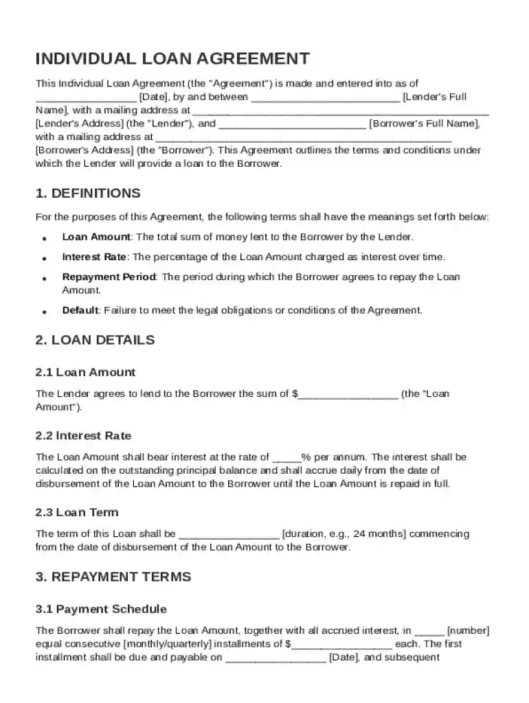 Individual Loan Agreement Template Preview on Page 1