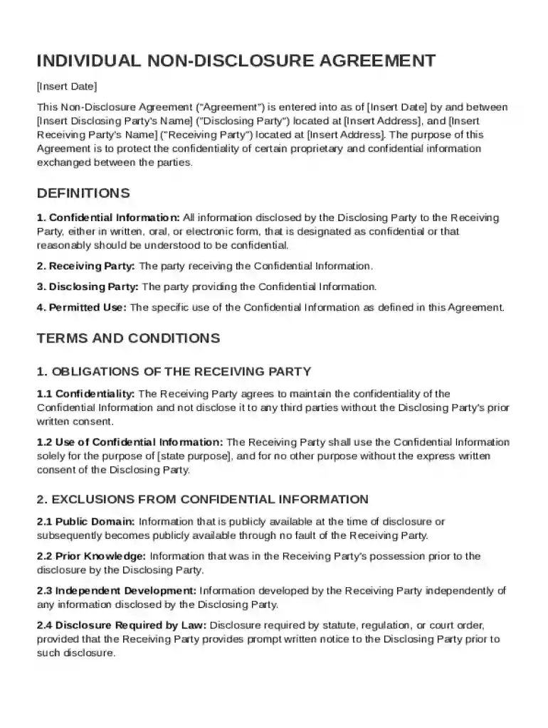 Individual Non Disclosure Agreement Template Preview on Page 1