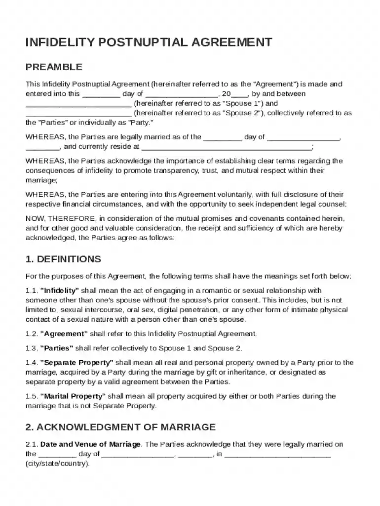 Infidelity Postnuptial Agreement Template Preview on Page 1