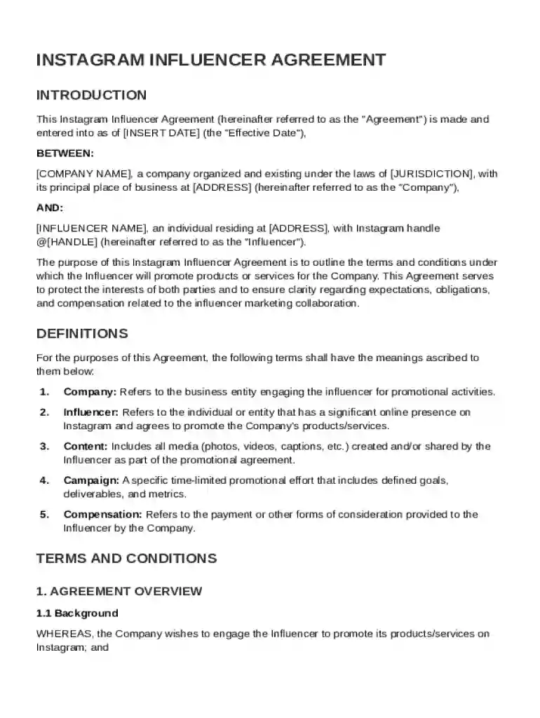 Instagram Influencer Agreement Template Preview on Page 1
