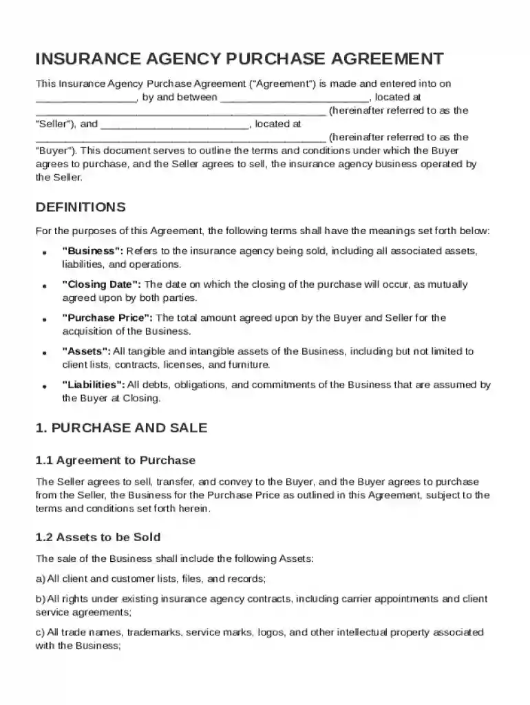 Insurance Agency Purchase Agreement Template Preview on Page 1