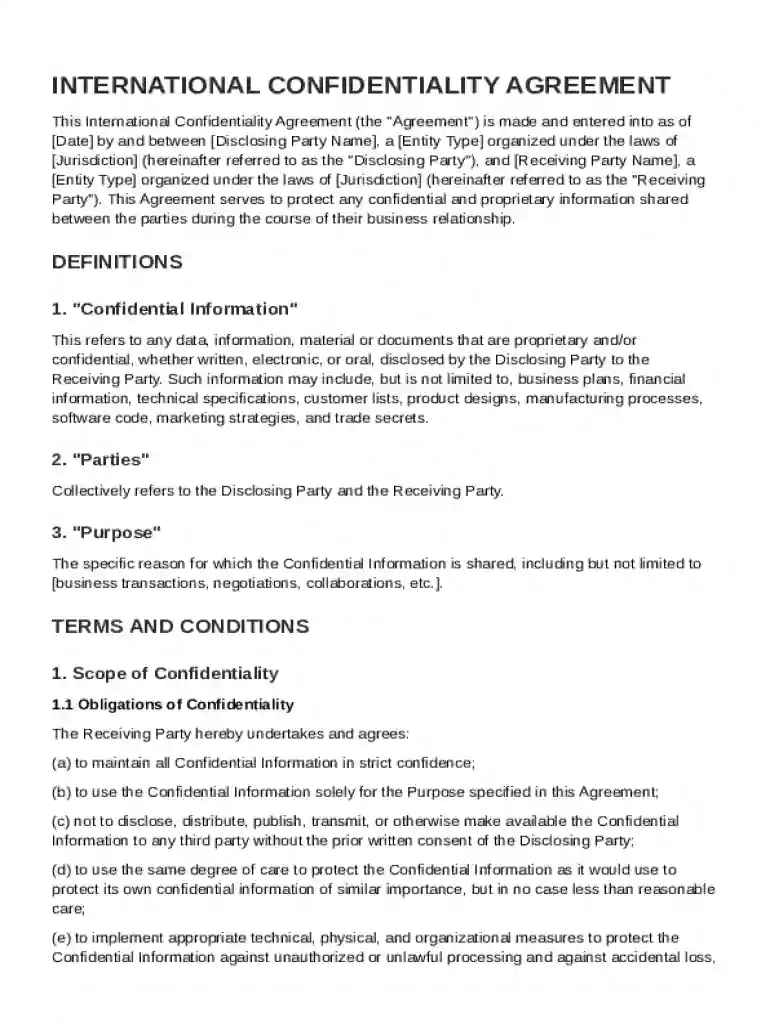 International Confidentiality Agreement Template Preview on Page 1