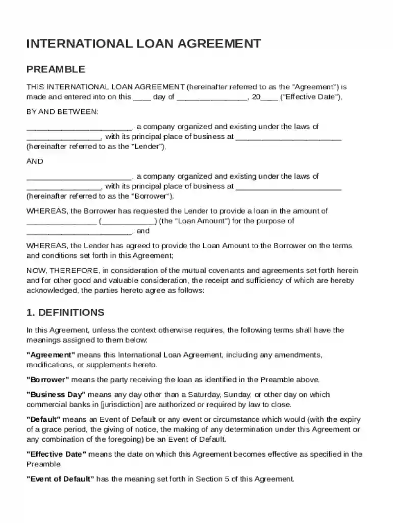 International Loan Agreement Template Preview on Page 1