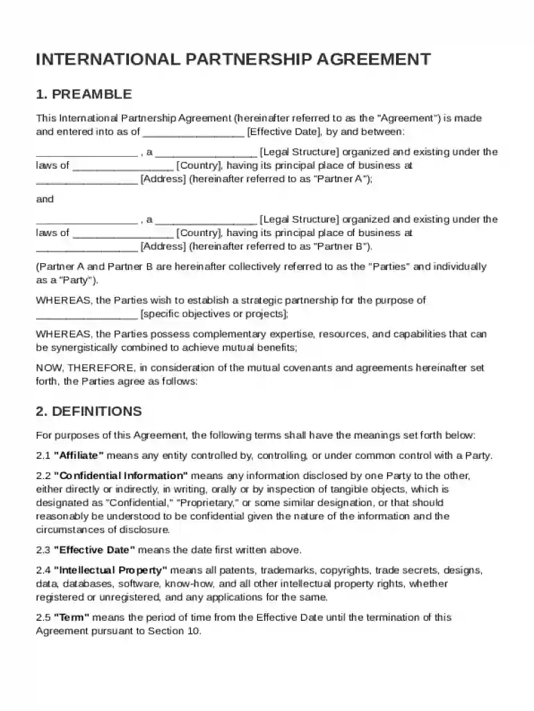 International Partnership Agreement Template Preview on Page 1