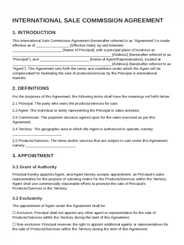 International Sale Commission Agreement Template Preview on Page 1