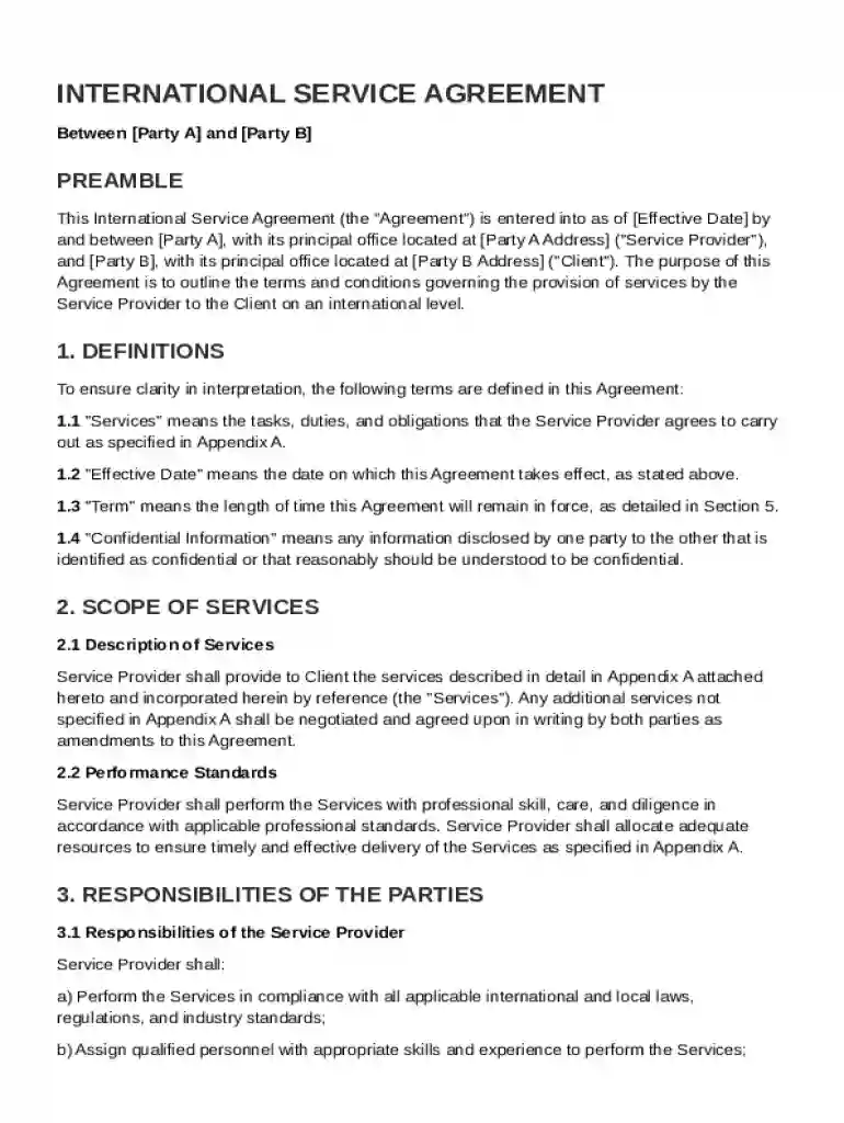 International Service Agreement Template Preview on Page 1