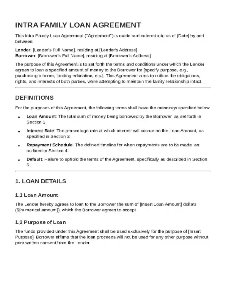 Intra Family Loan Agreement Template Preview on Page 1