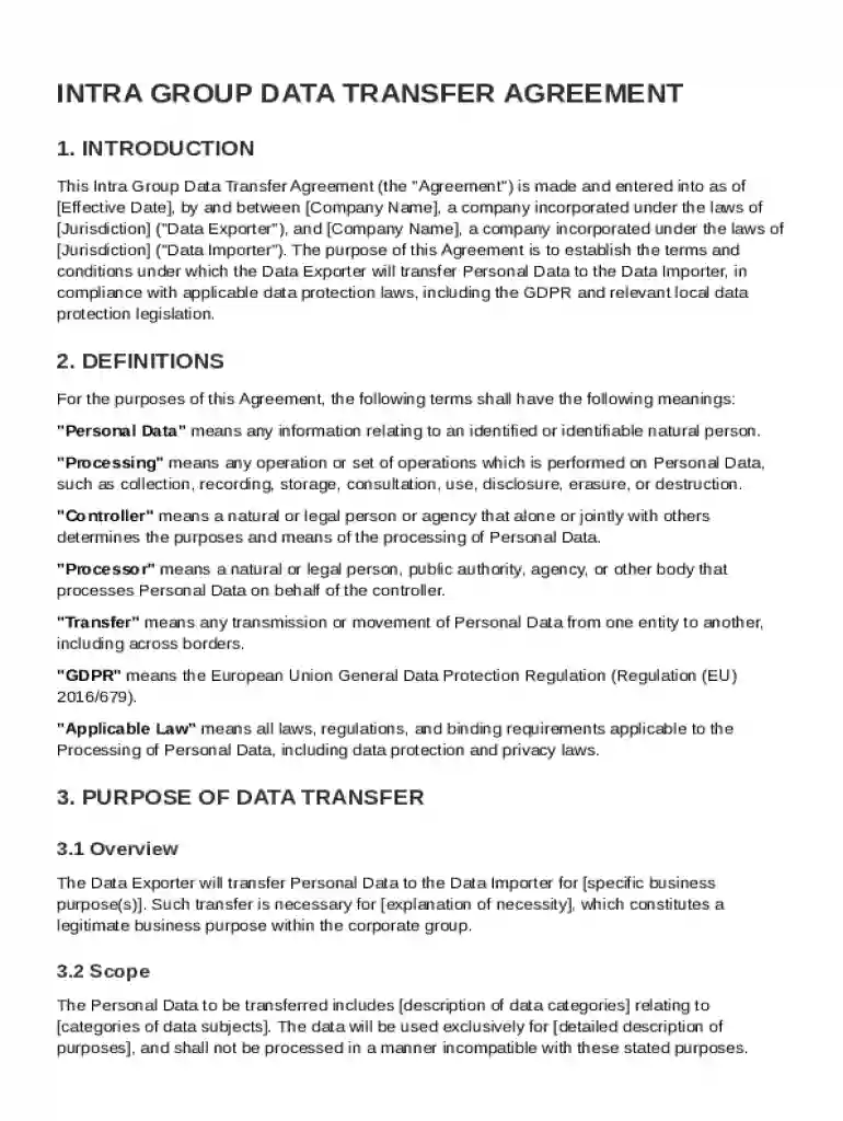 Intra Group Data Transfer Agreement Template Preview on Page 1