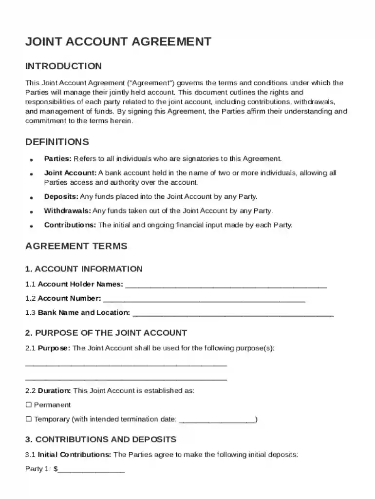 Joint Account Agreement Template Preview on Page 1