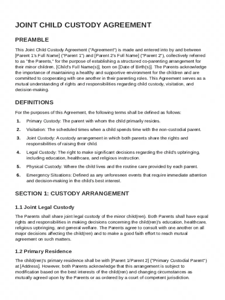 Joint Child Custody Agreement Template Preview on Page 1