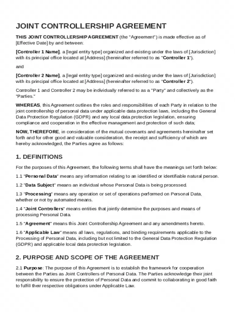 Joint Controllership Agreement Template Preview on Page 1