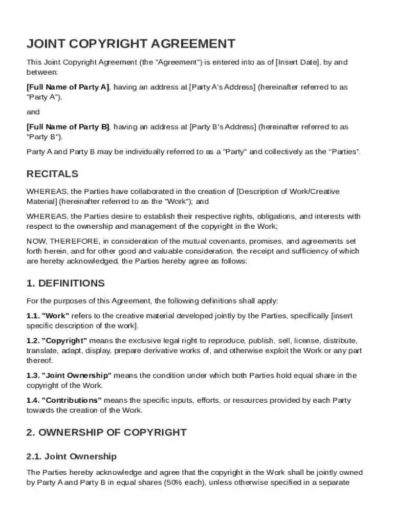 Joint Copyright Agreement Template Preview on Page 1