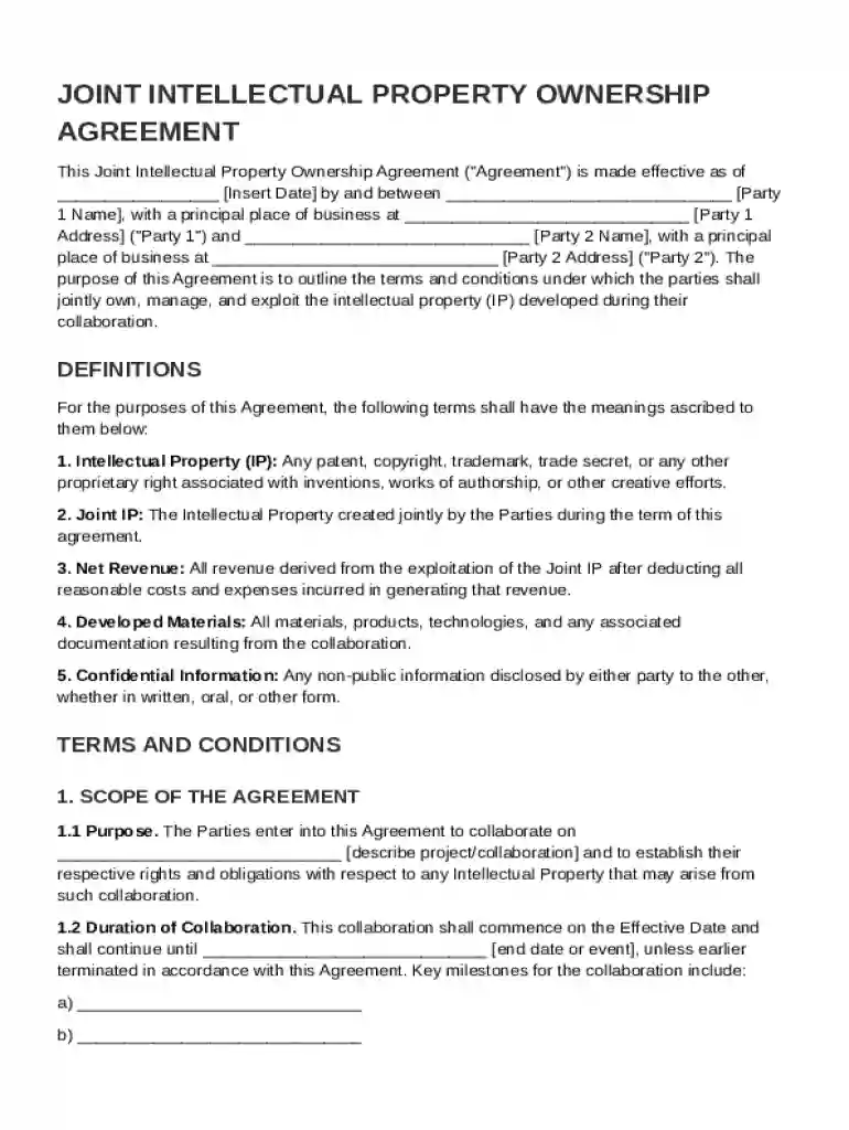 Joint IP Ownership Agreement Template Preview on Page 1