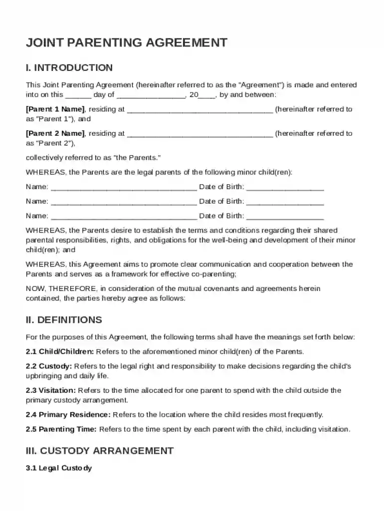 Joint Parenting Agreement Template Preview on Page 1