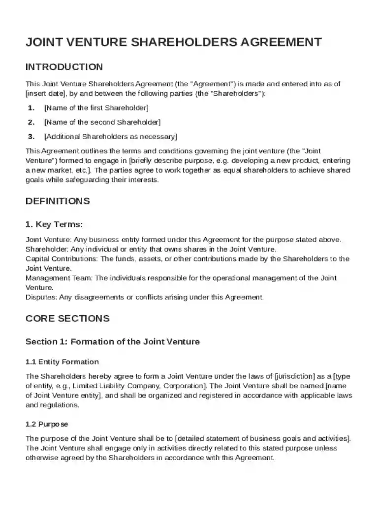 Joint Venture Shareholders Agreement Template Preview on Page 1