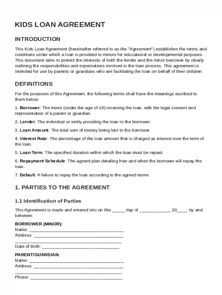 Kids Loan Agreement Template Preview on Page 1