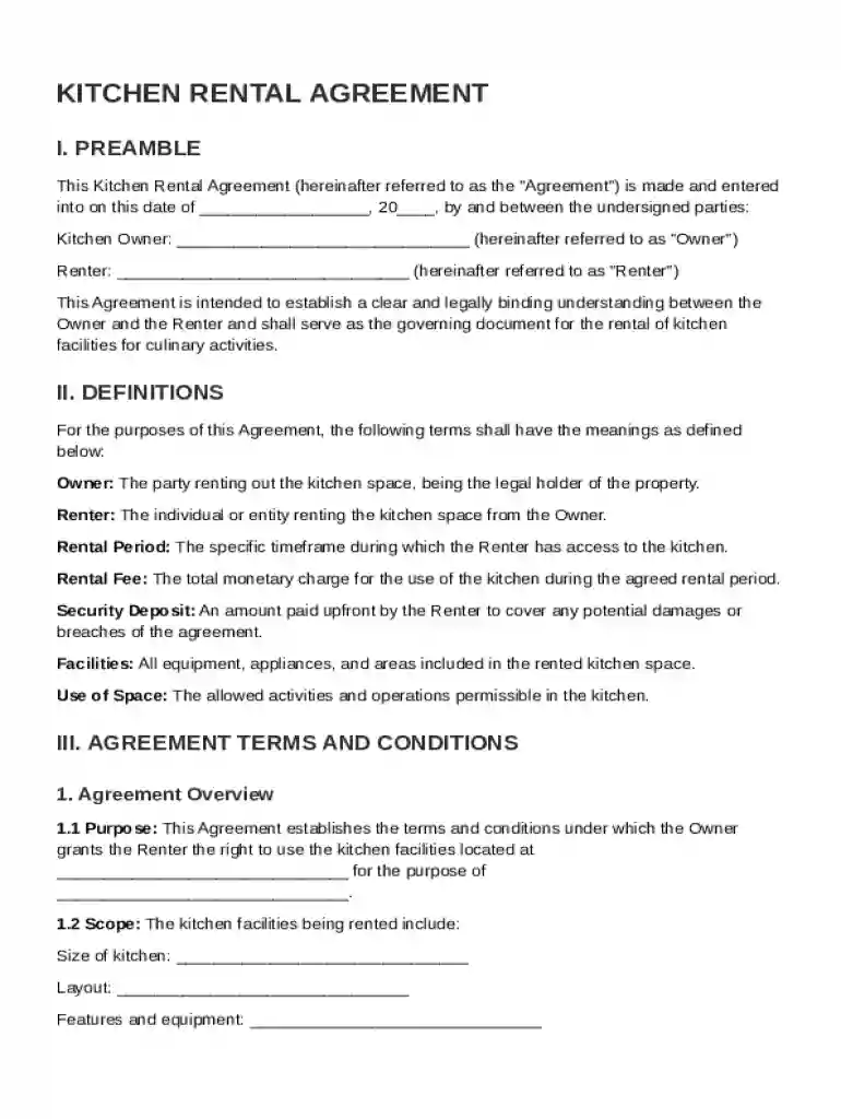Kitchen Rental Agreement Template Preview on Page 1