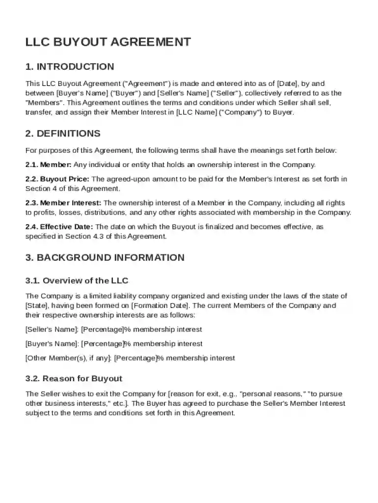 LLC Buyout Agreement Template Preview on Page 1